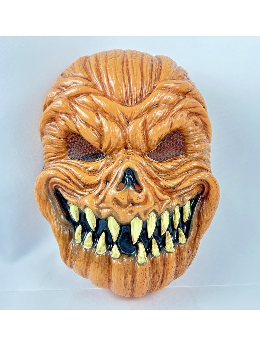 Halloween Mask Adult Size Plastic Monster With Sharp Teeth, Wrinkly Orange Skin